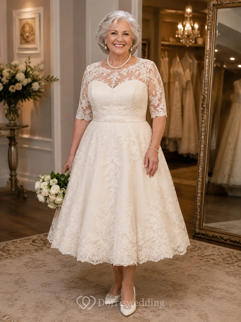 Plus Size Teelanges Spitzen-Hochzeitskleid für ältere Bräute mit Illusionsärmeln