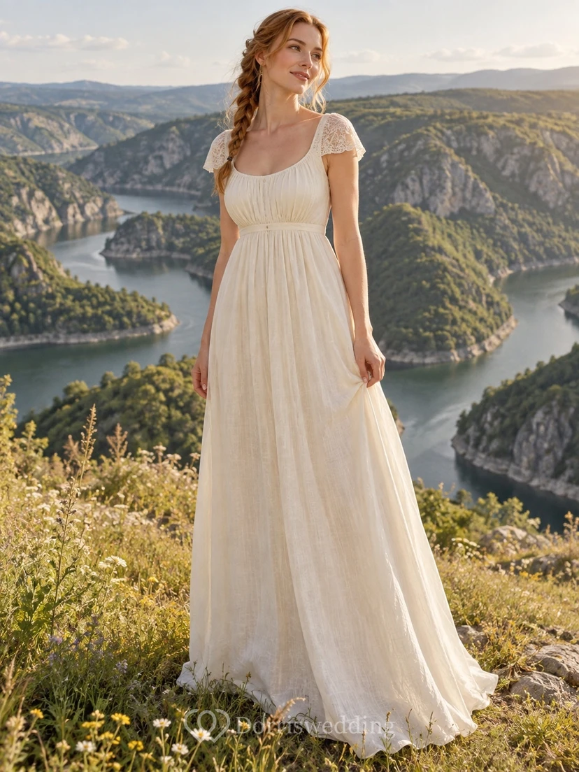 Vestido de novia sencillo de corte A, largo hasta el suelo, con escote redondo, mangas cortas tipo casquillo y corpiño fruncido.