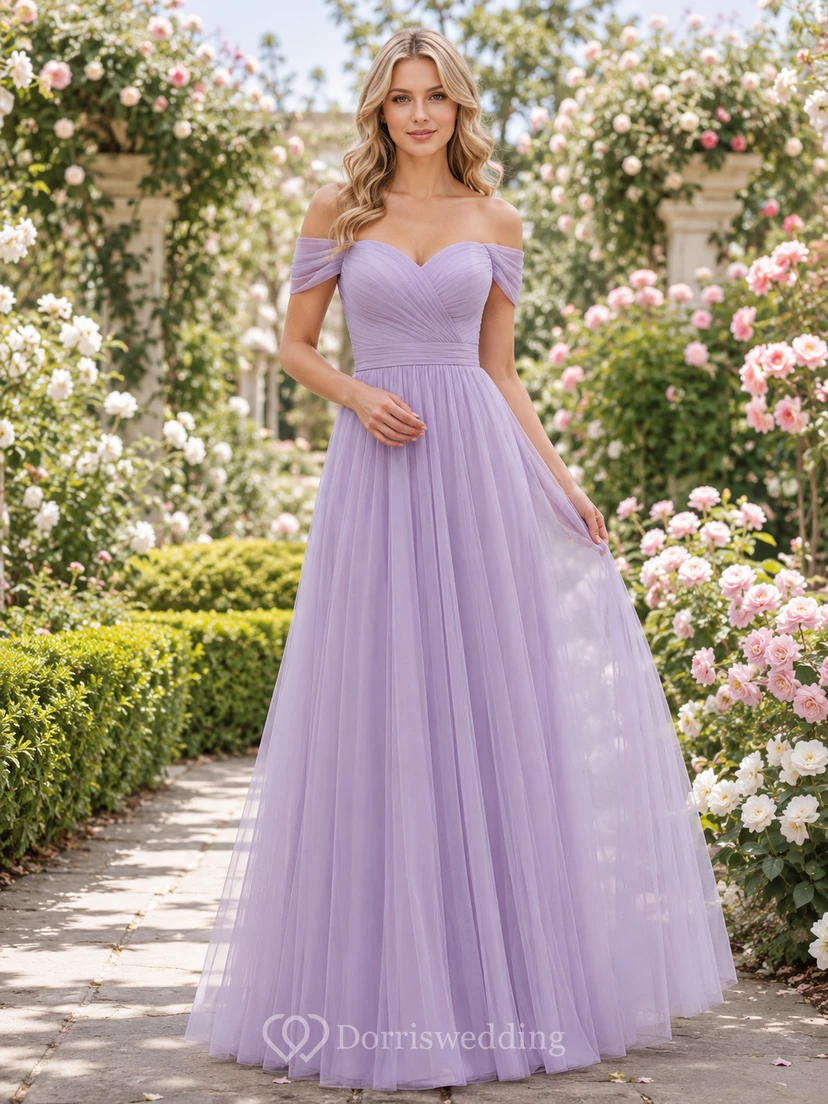Lavender off shoulder sweetheart tulle floor length A-line bridesmaid dress