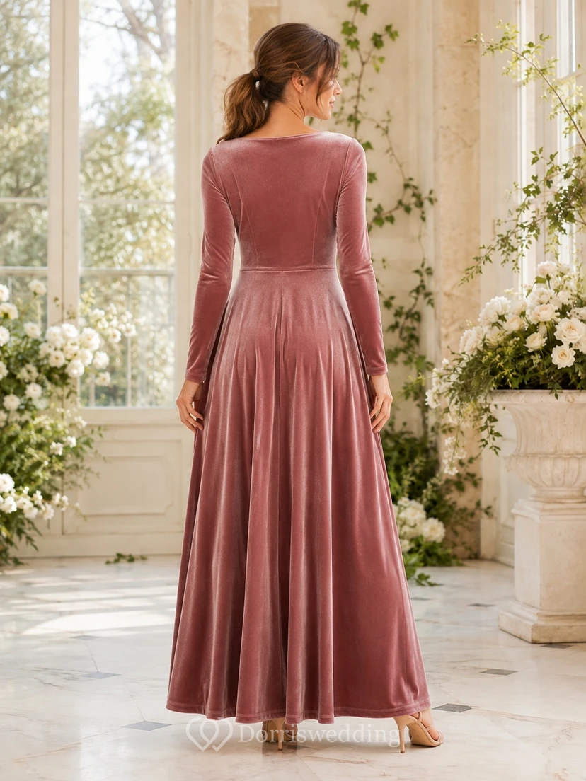 Long Sleeve Cowl Neck A Line Velvet Dusty Rose Romantic Dress view 2