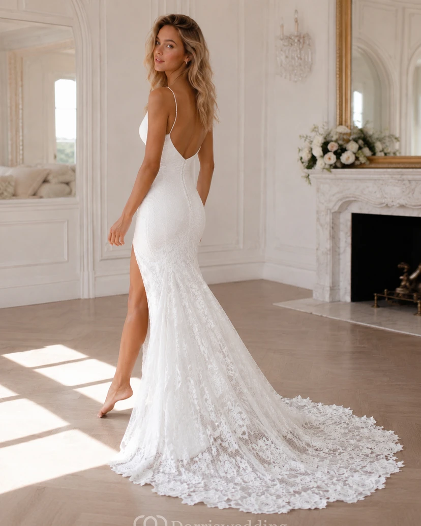 Vestido de novia bohemio sencillo/casual con espalda descubierta, espalda abierta y abertura lateral, ideal para bodas de verano en la playa o destinos románticos. view 4