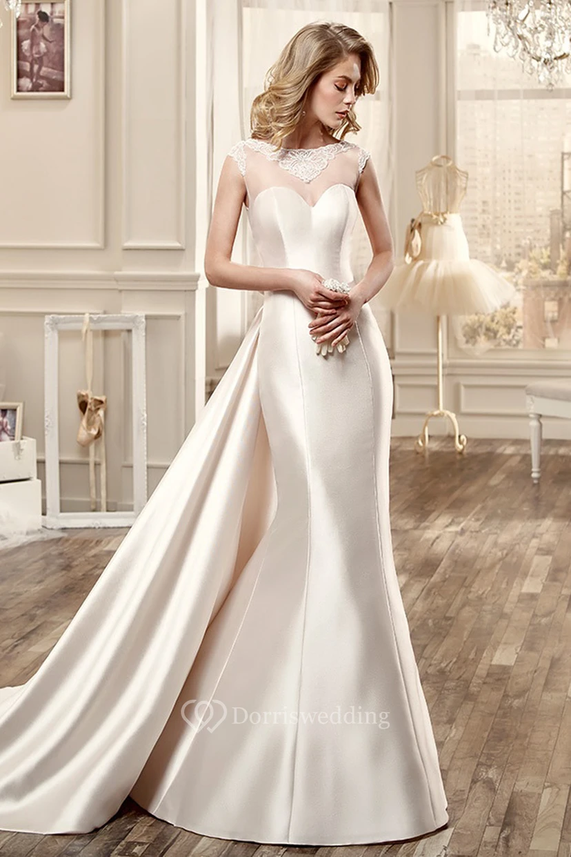 Sweetheart Cap-Sleeve Satin Wedding Dress With Large Back Bow And Illusive Back