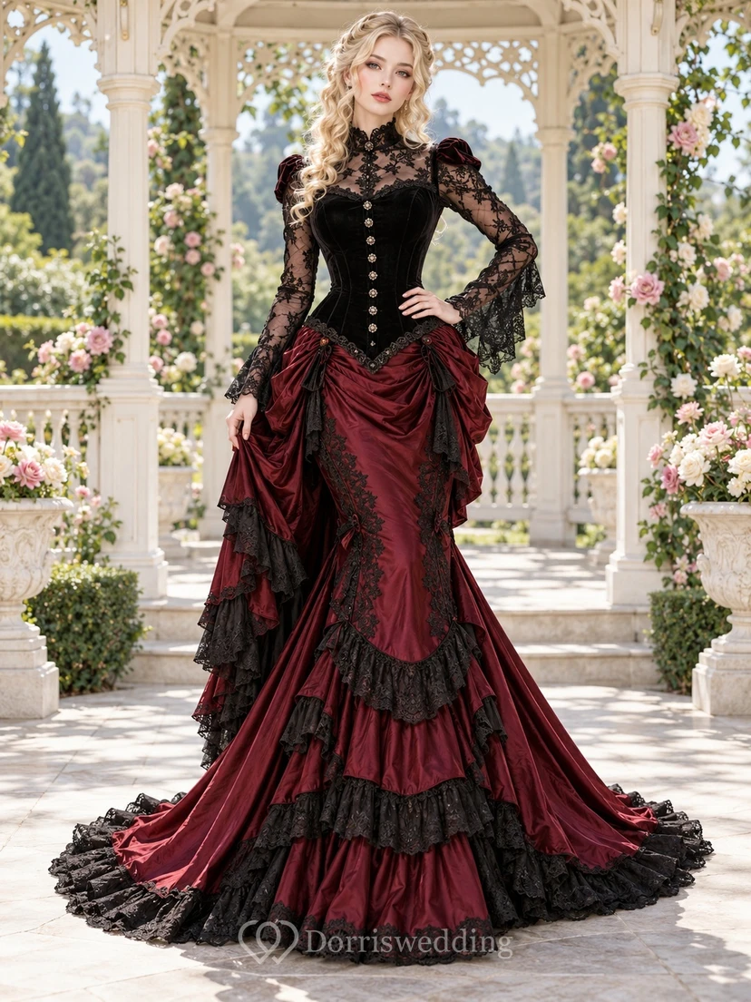 Gothic Victorian Burgundy High Neck Long Lace Sleeve Train Gown