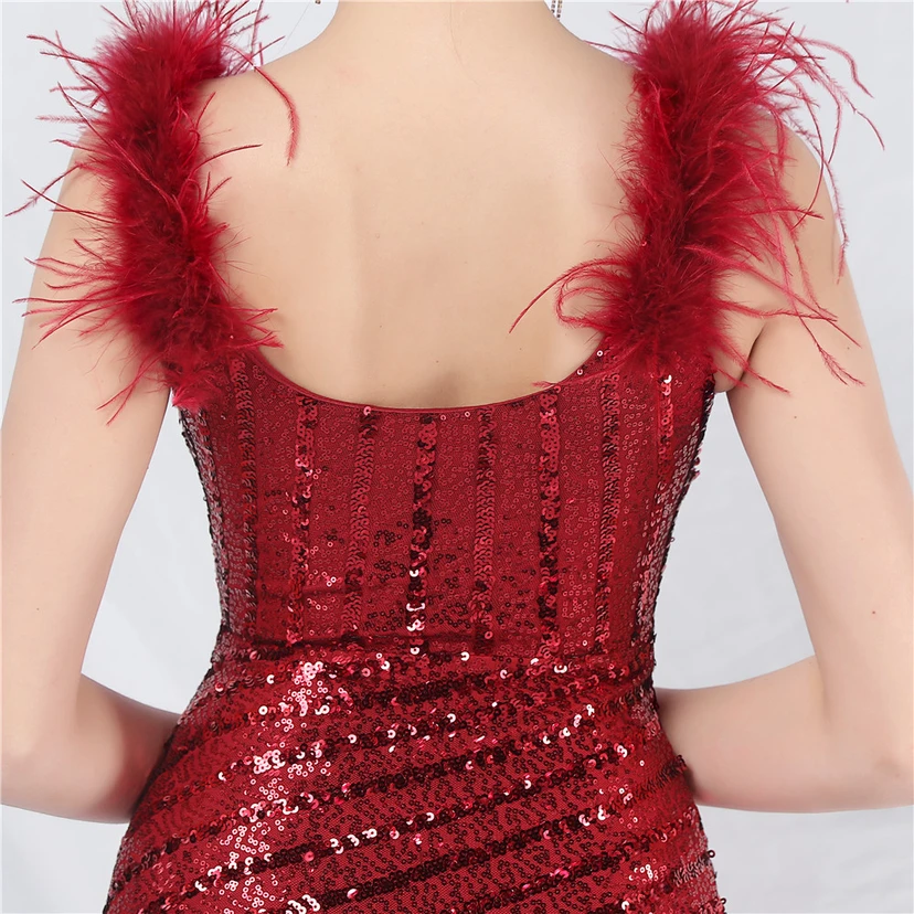 Evening Dress Craft Beaded Ostrich Feather Sequined Side Slit Evening Dress view 61