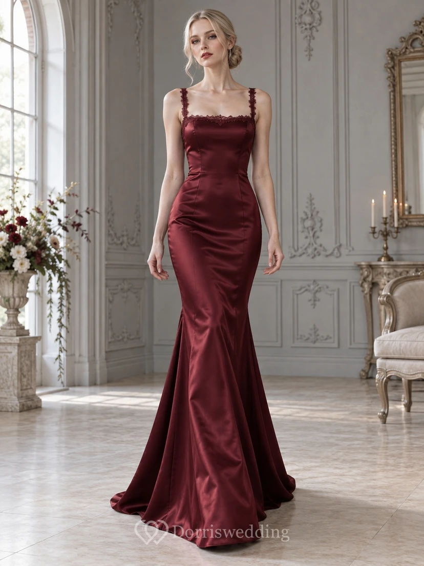 Meerjungfrauen-Gothic-Brautjungfernkleid aus burgunderrotem Satin mit quadratischer Spitzenborte, ärmellos und schmal geschnitten mit Schleppe