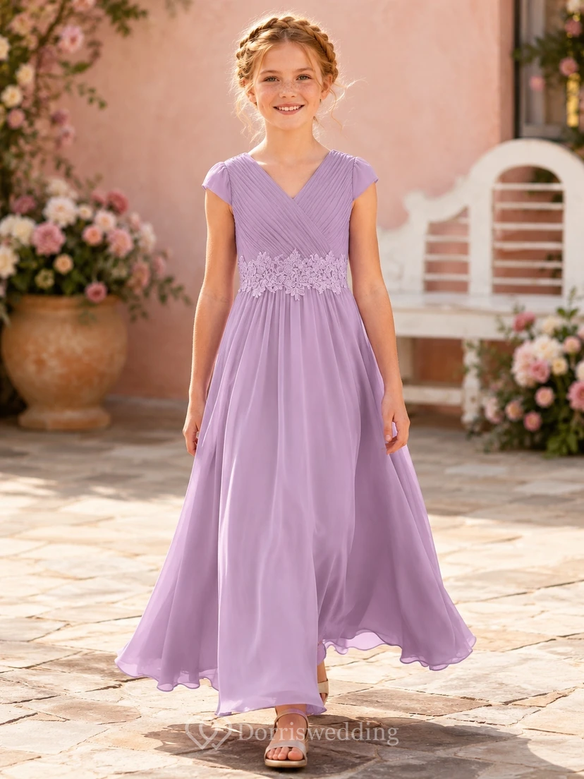 Lavendelfarbenes Brautjungfernkleid für junge Damen, A-Linie, V-Ausschnitt, kurze Blütenblattärmel, elegante Spitze
