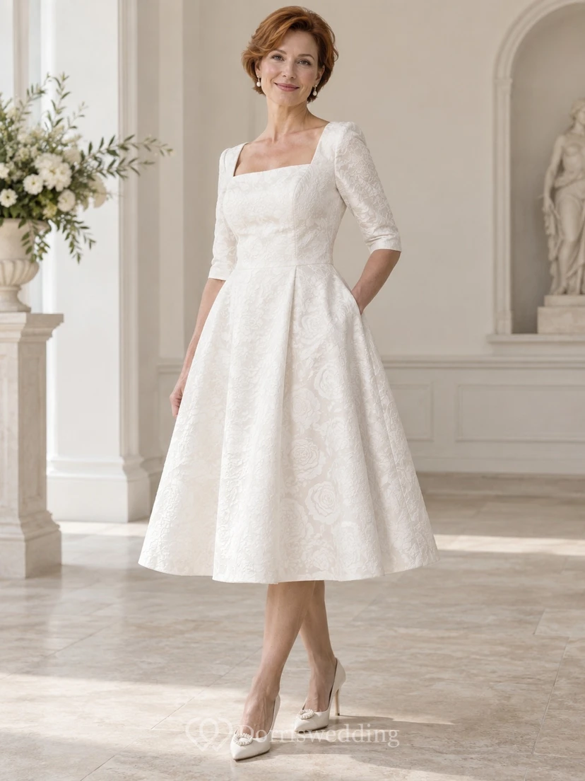 Vestido de novia discreto de corte A con escote cuadrado y largo hasta la rodilla, estampado floral, ideal para novias mayores, con mangas hasta el codo.
