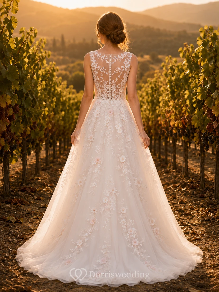 Champagnerfarbenes Brautkleid mit floralem Illusionsrücken und A-Linien-Design view 2