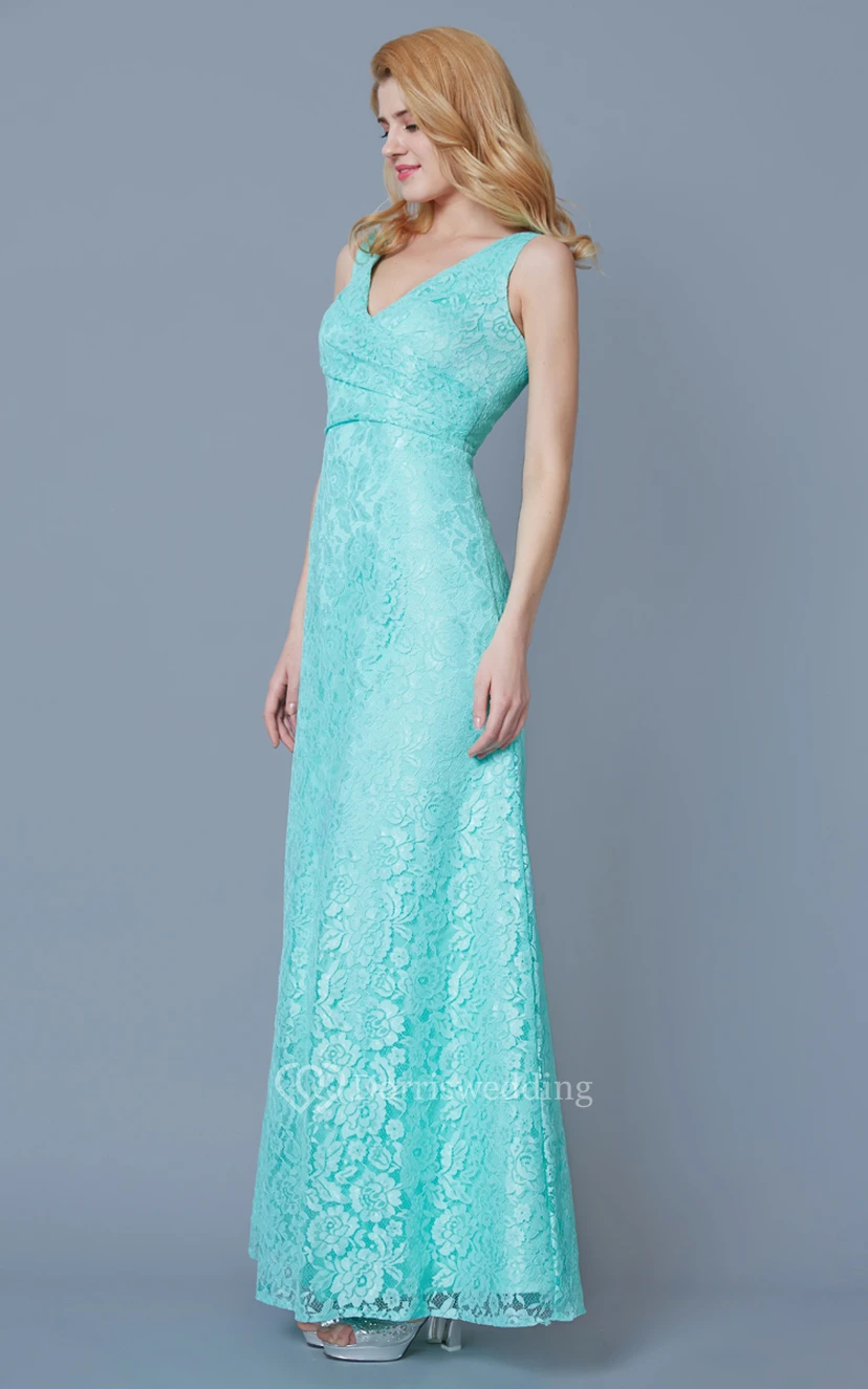 Form Fitted Sleeveless Long Lace Dress With Ruching view 5