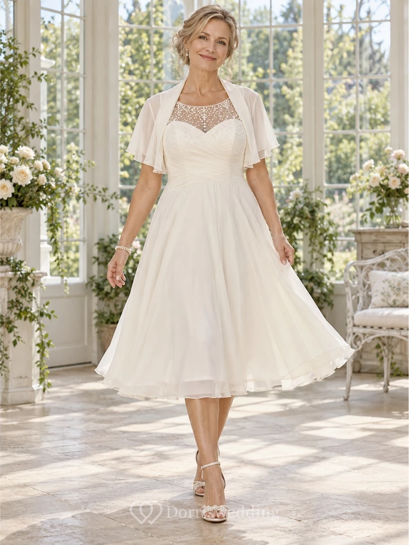 Vestido de novia modesto de gasa de corte A hasta la rodilla para novias mayores con bolero transparente.