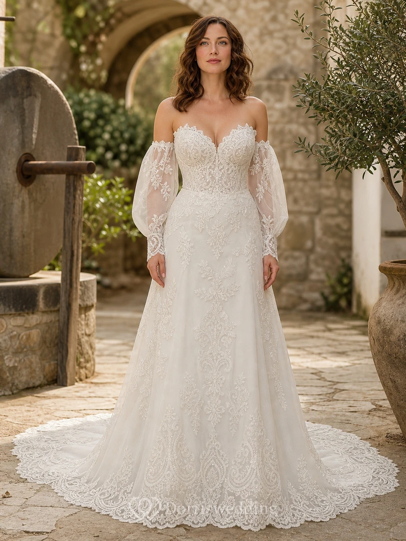 Vestido de novia bohemio de manga larga estilo sirena con hombros descubiertos y cola catedral de encaje.