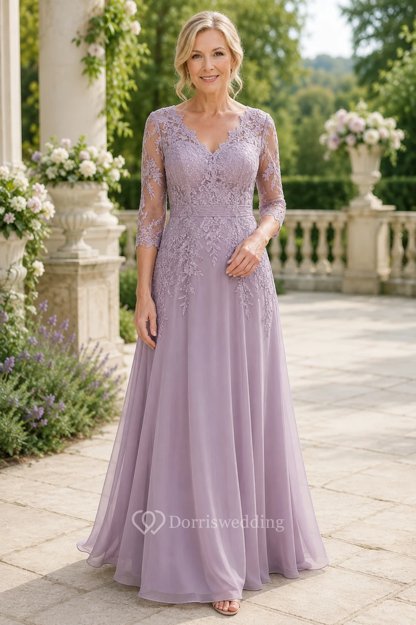 Lavender Lace Bodice A-Line Mother Dress With Three Quarter Sleeves