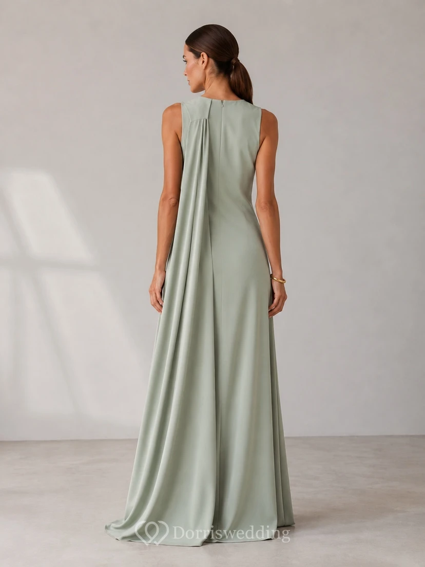 Robe de soirée moderne vert sauge, col montant, drapée, en satin, coupe trapèze, longueur au sol view 2