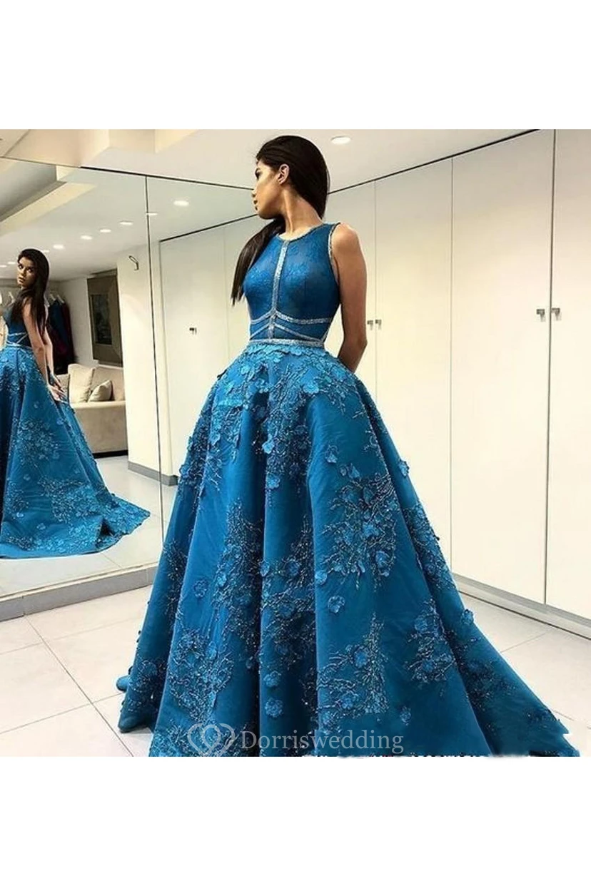 Elegantes, bodenlanges A-Linien-Abendkleid mit aufwendigen Applikationen, Rundhalsausschnitt und Schleppe view 2