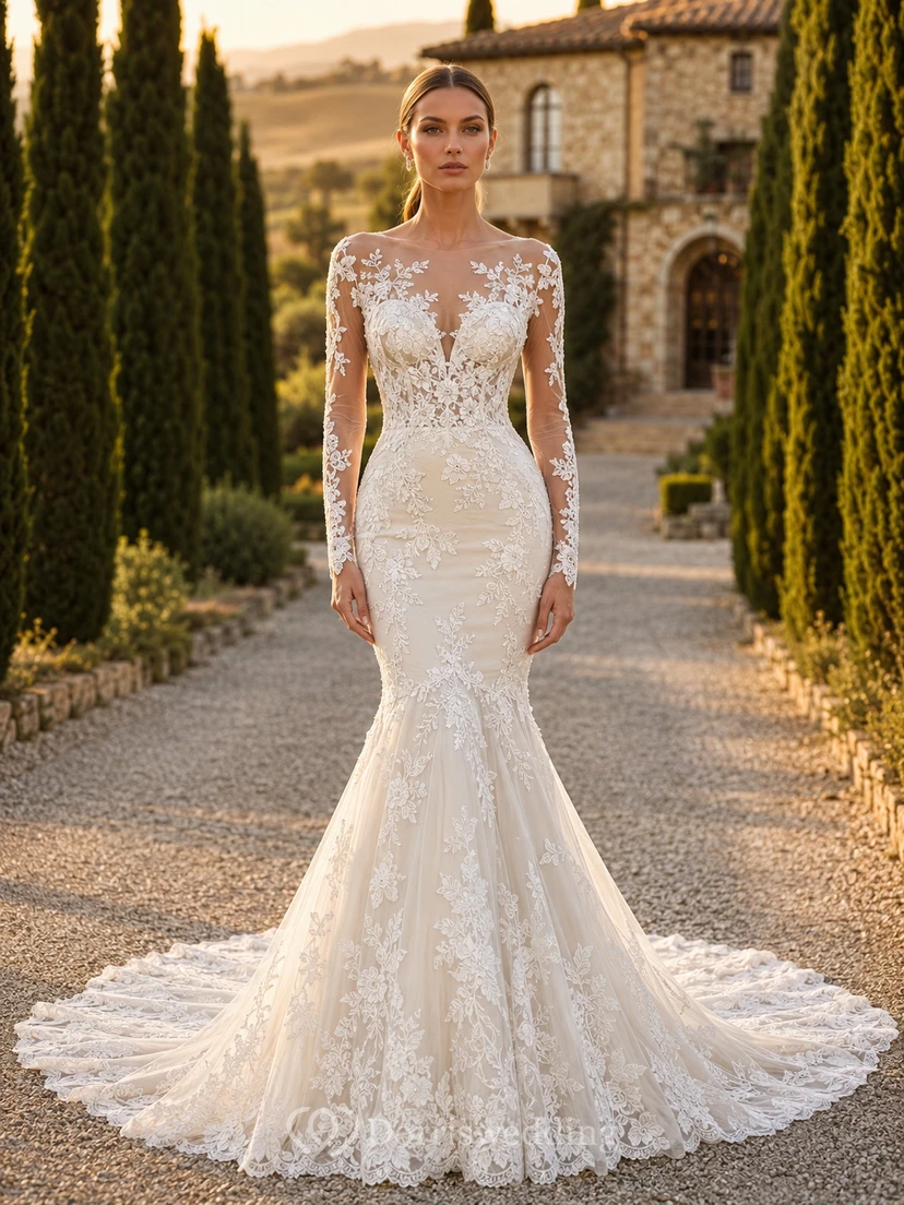 Robe de mariée sirène à manches longues en dentelle illusion bateau, style modeste, avec traîne chapelle.