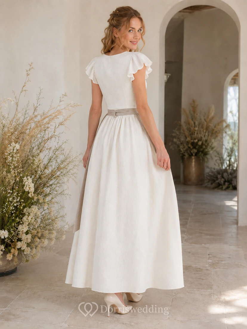 Romantic Linen Bridal Dirndl Square Neck Petal Sleeve Apron Ankle Wedding Dress view 2