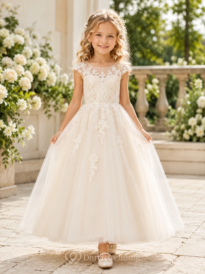 Vestido de niña de las flores color champán, encaje, tul, corte en A, cuello joya, largo hasta la rodilla