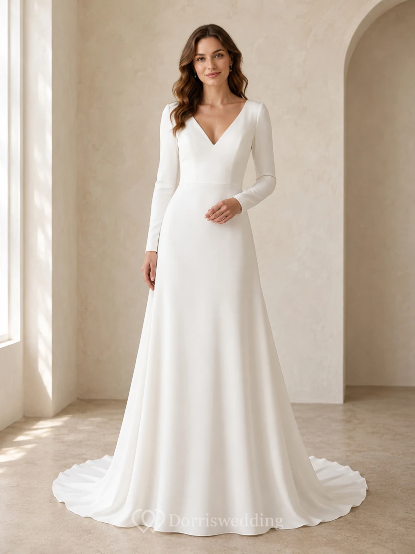 Minimalist Satin Wedding Dress A-Line V-Neck Long Sleeve Court Train Bridal Gown