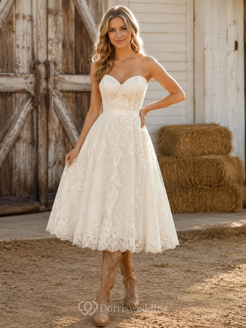 Robe de mariée de maternité à épaules dénudées, manches en dentelle, coupe trapèze, style jardin