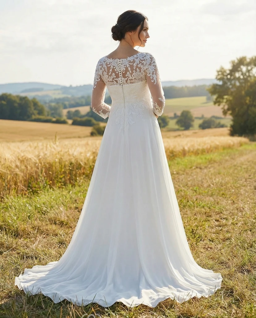White Lace Long Sleeve Maternity Wedding Dress with Illusion Neckline view 2