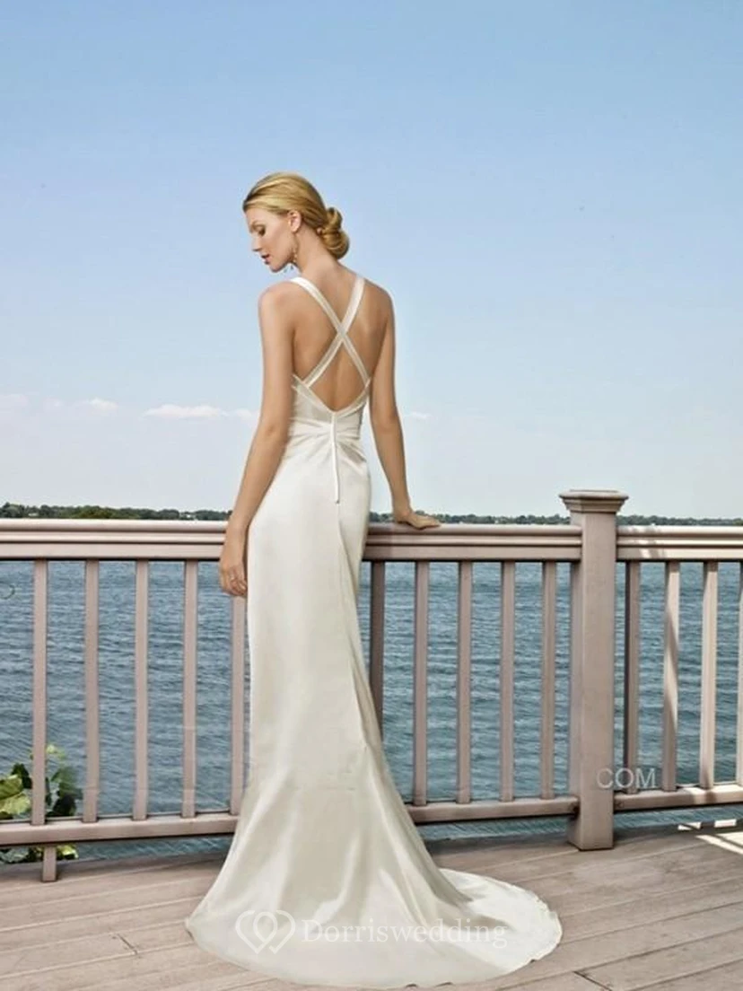 A-line Straps Sweep Train Elastic Woven Satin Wedding Dress view 2