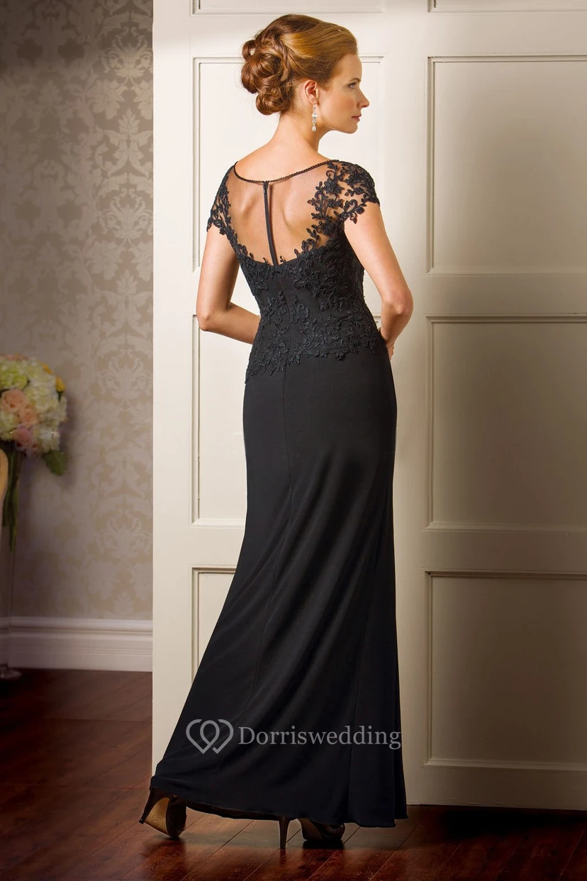Cap-Sleeved Long Mother Of The Bride Dress With Side Slit And Appliques view 2