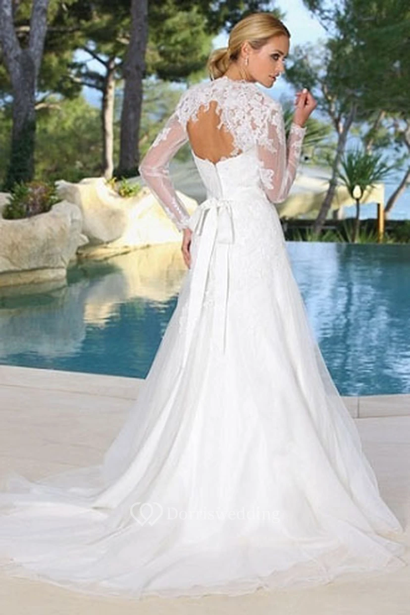 A-Line Floor-Length Sweetheart Long-Sleeve Appliqued Tulle Wedding Dress With Flower And Court Train view 2