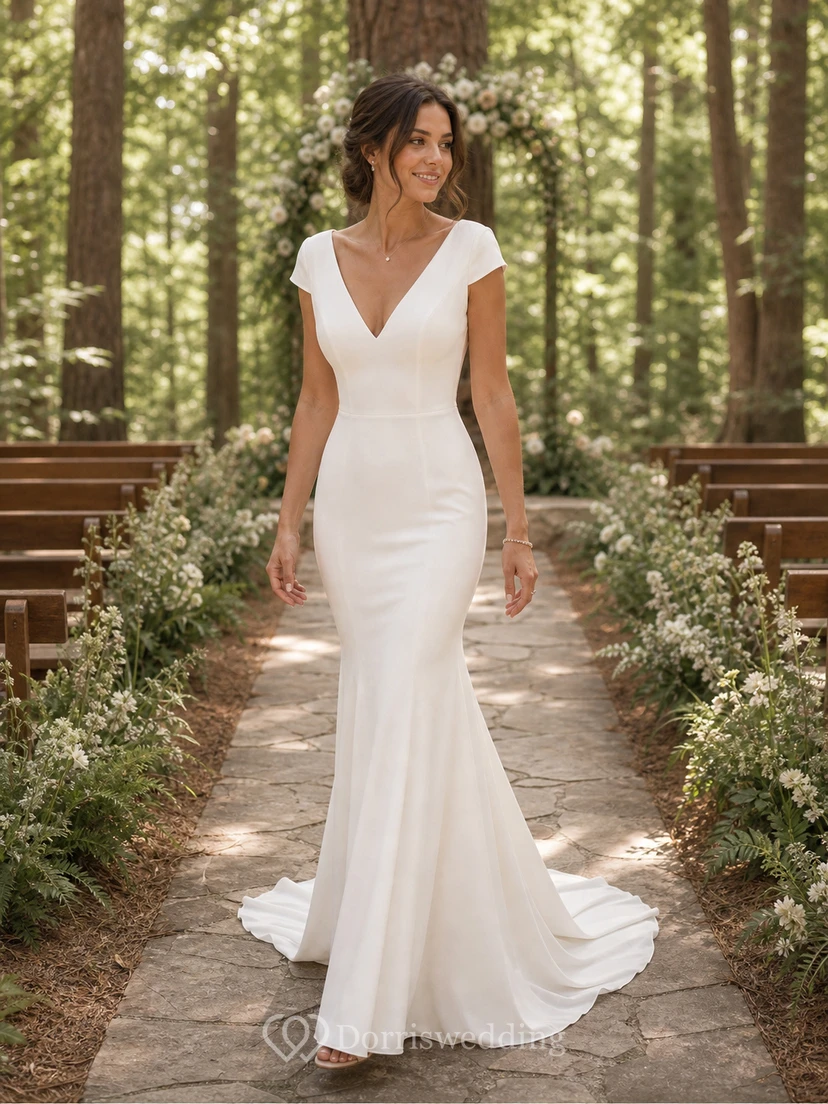 Robe de mariée sirène fourreau unie, col V simple et dos nu en dentelle. view 10