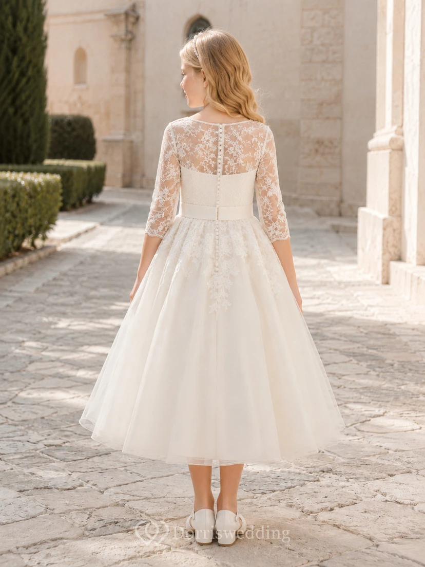 Robe de communion bateau en tulle à manches trois-quarts en dentelle et manches trois-quarts, longueur cheville view 2