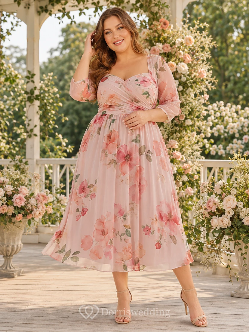 Blush V Neck Three Quarter Sleeve Floral Chiffon Tea Plus Size Guest Dress