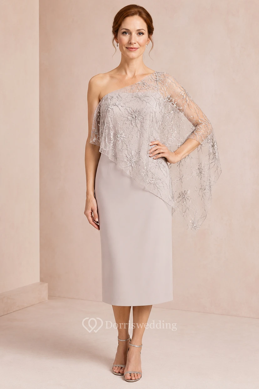 Robe taupe asymétrique à une épaule, longueur genou, avec cape brodée, idéale pour la mère et les événements formels.