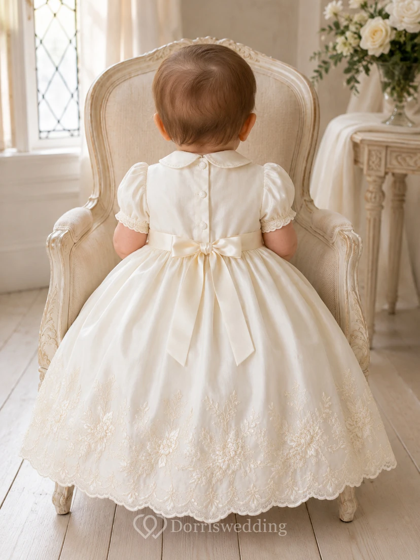 Robe de baptême vintage pour bébé, coupe trapèze, manches bouffantes, longueur thé, brodée à la main view 2