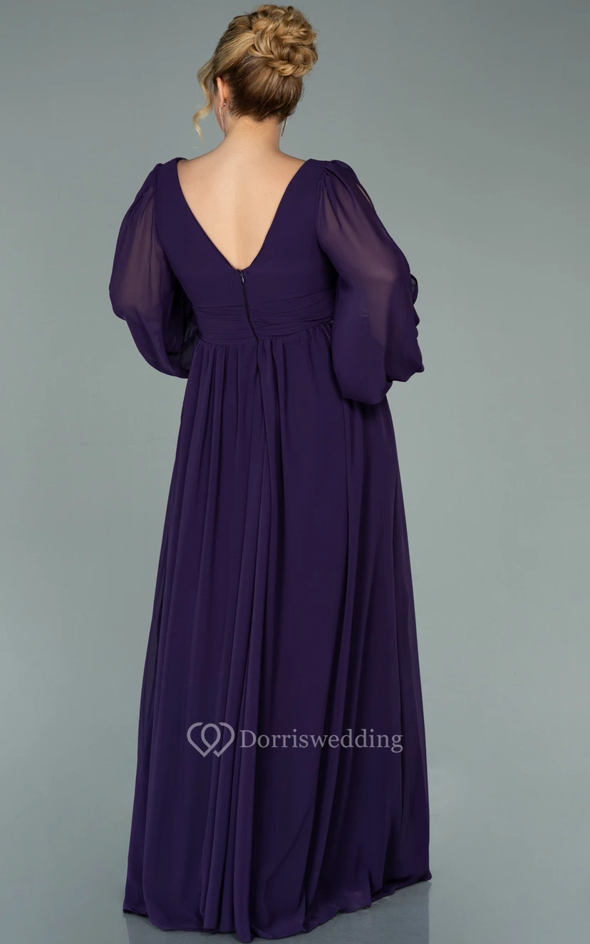 Vestido de noche de gasa con escote en V, manga larga, abertura frontal y pliegues, talla grande view 6