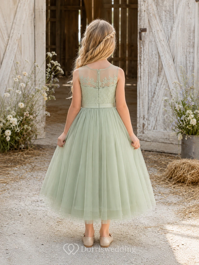 Flower Girl Dress Sage Lace Tulle A-Line Jewel Neck Tea Length view 2