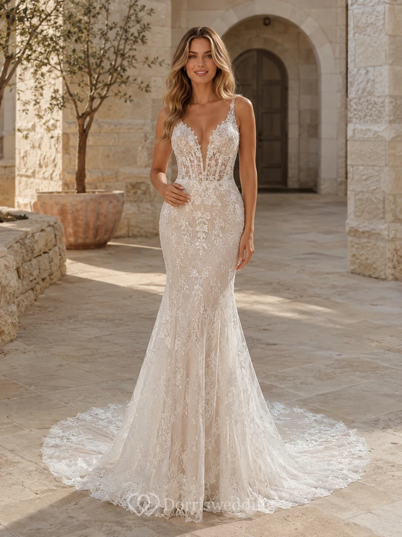 Robe de mariée sirène sans manches en dentelle vaporeuse, décolleté en V profond, traîne chapelle et appliques. Galerie d'appliqués.