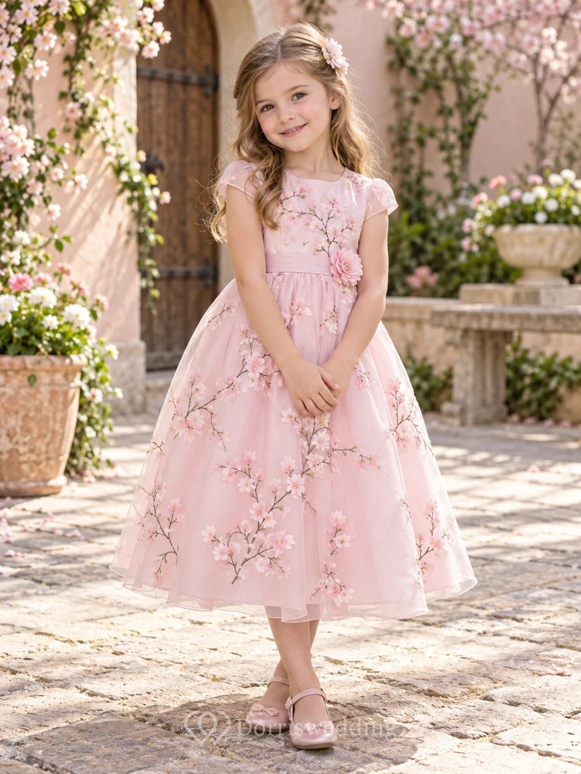 Tea-length Pearl Pink Cap Sleeve Branch Floral Tulle A-line Flower Girl Dress