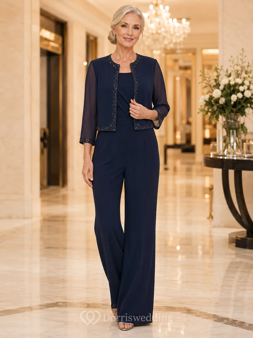 Mother Dark Navy Chiffon Jumpsuit with Jewel Neck Trim Jacket and Wide Leg Pants