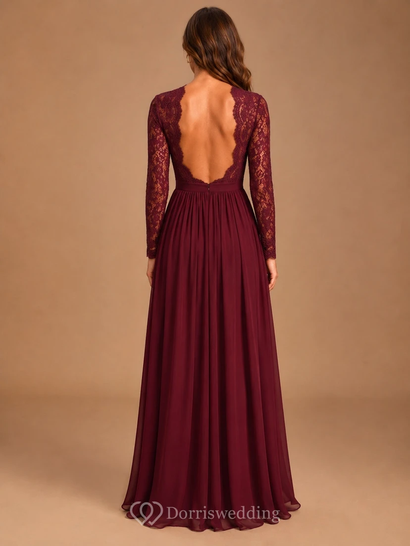 Burgundy Lace Long Sleeve A-Line V-Neck Floor Length Formal Evening Gown view 2