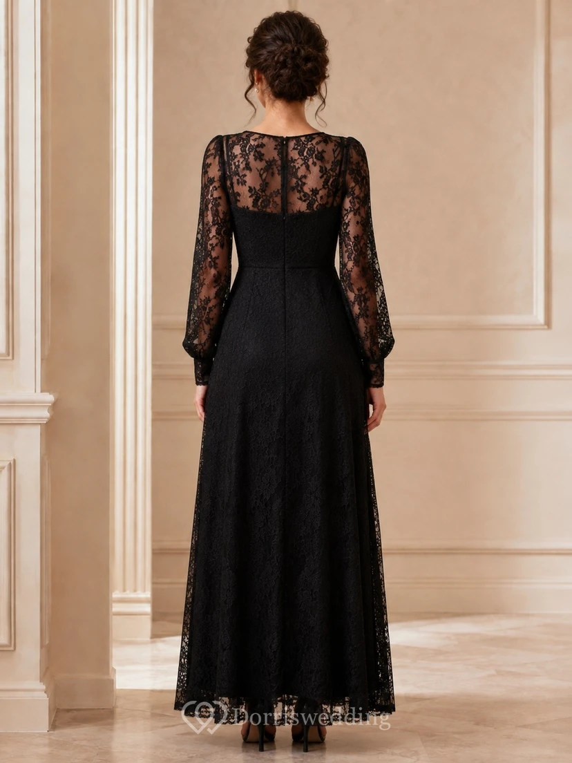 Black Romantic Sweetheart Lace-Chiffon Long-Sleeve A-Line Floor-Length Evening Dress view 2