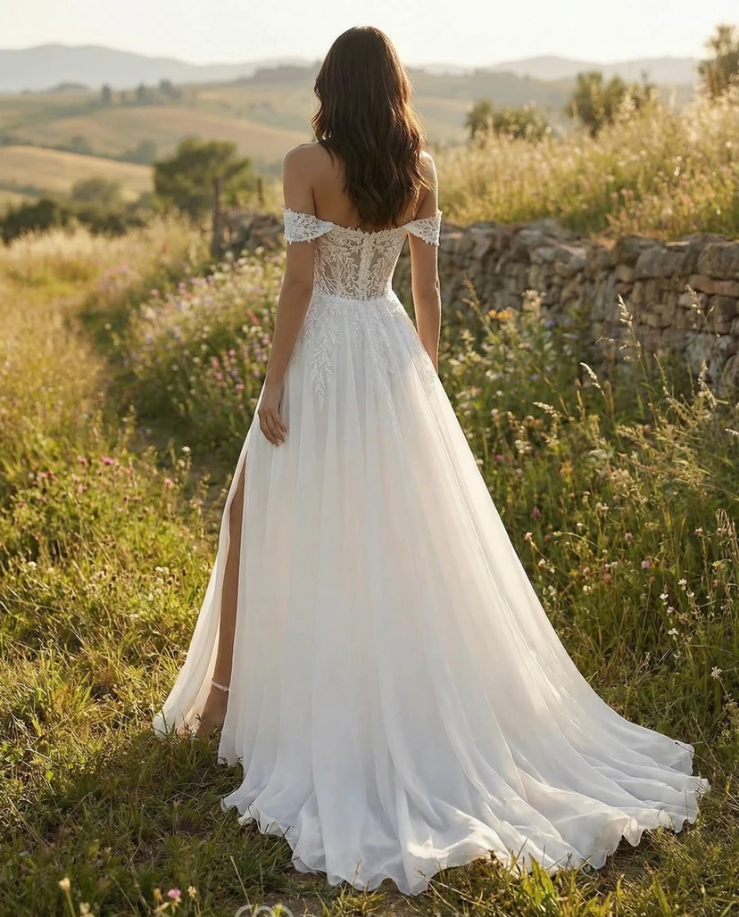 Robe de mariée trapèze à épaules dénudées avec corsage en dentelle et fente sur le devant view 2