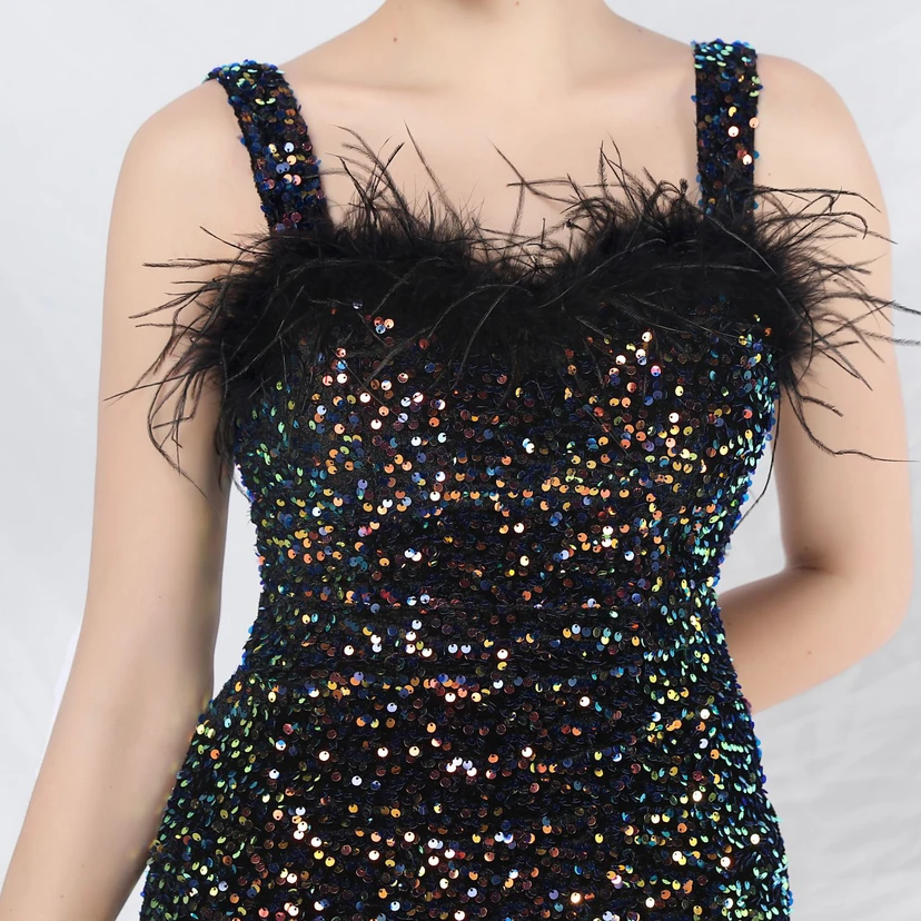 Craft Ostrich Feather Velvet Sequined Evening Dress view 54