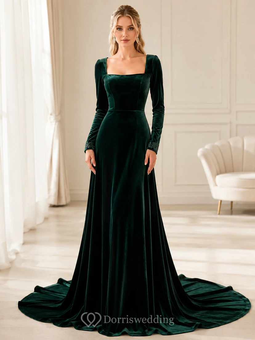 Vestido de novia de terciopelo de corte A, lujoso, verde oscuro, con cuello cuadrado y manga larga, estilo capilla.