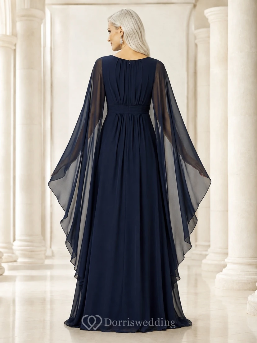 Dark Navy Elegant Jewel Chiffon-Tulle Long-Sleeve A-Line Floor-Length Dress view 2
