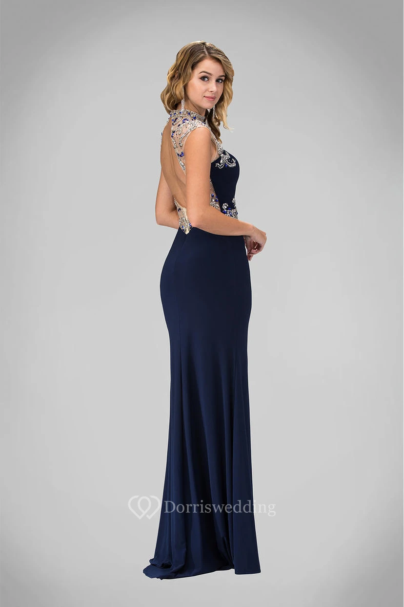 Sheath High Neck Sleeveless Jersey Keyhole Dress With Beading And Split Front view 2