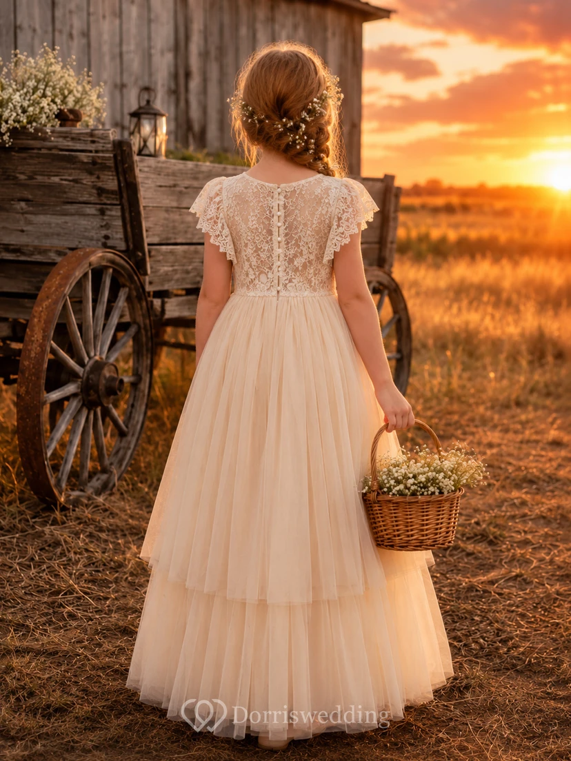 Langes Tüllkleid mit Spitzenoberteil, Blumenmädchenkleid view 2