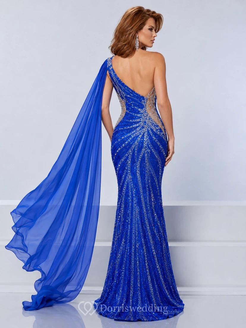 Royal Blue One Shoulder Beaded Cape Mermaid Evening Dress view 2