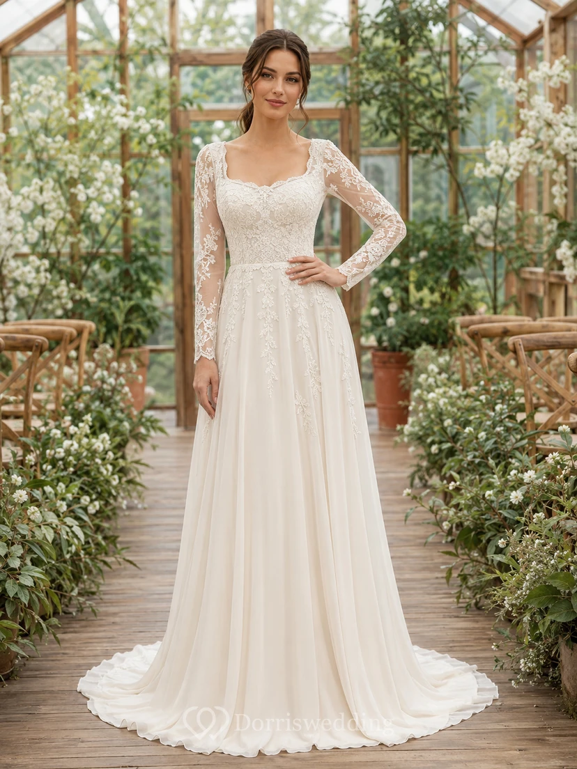 Vestido de novia bohemio asequible con escote redondo y mangas de encaje, ideal para el jardín.