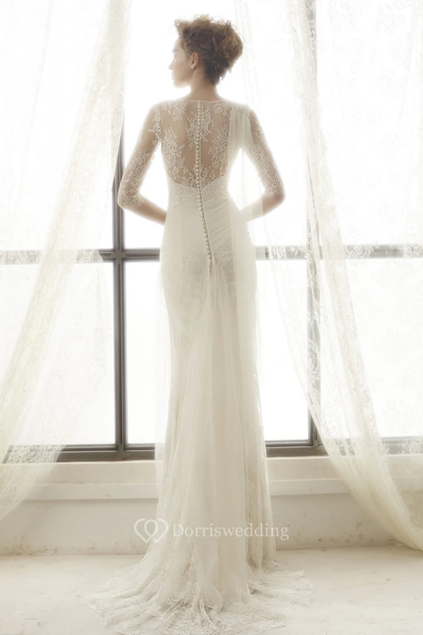 Sheath High Neck Half-Sleeve Tulle Wedding Dress With Lace And Draping view 2