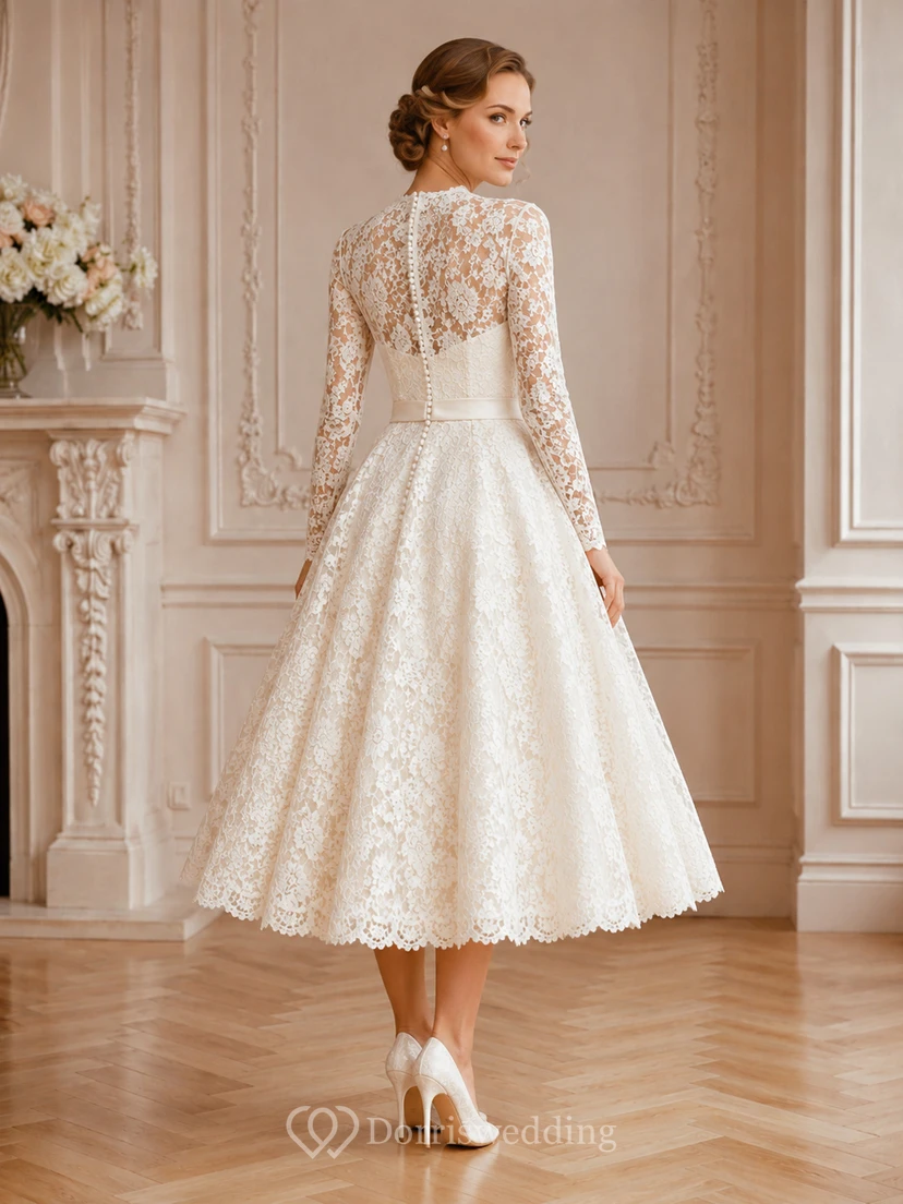 Vestido de novia vintage romántico de largo midi con escote barco, mangas largas ilusión y encaje floral. view 2