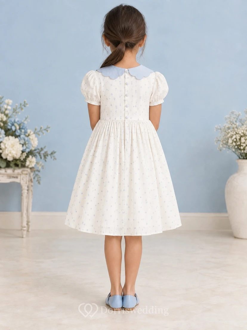 Modest Simple Ivory Dotted Tea-length Flat Blue Collar Small Puff Flower Girl Dress view 2